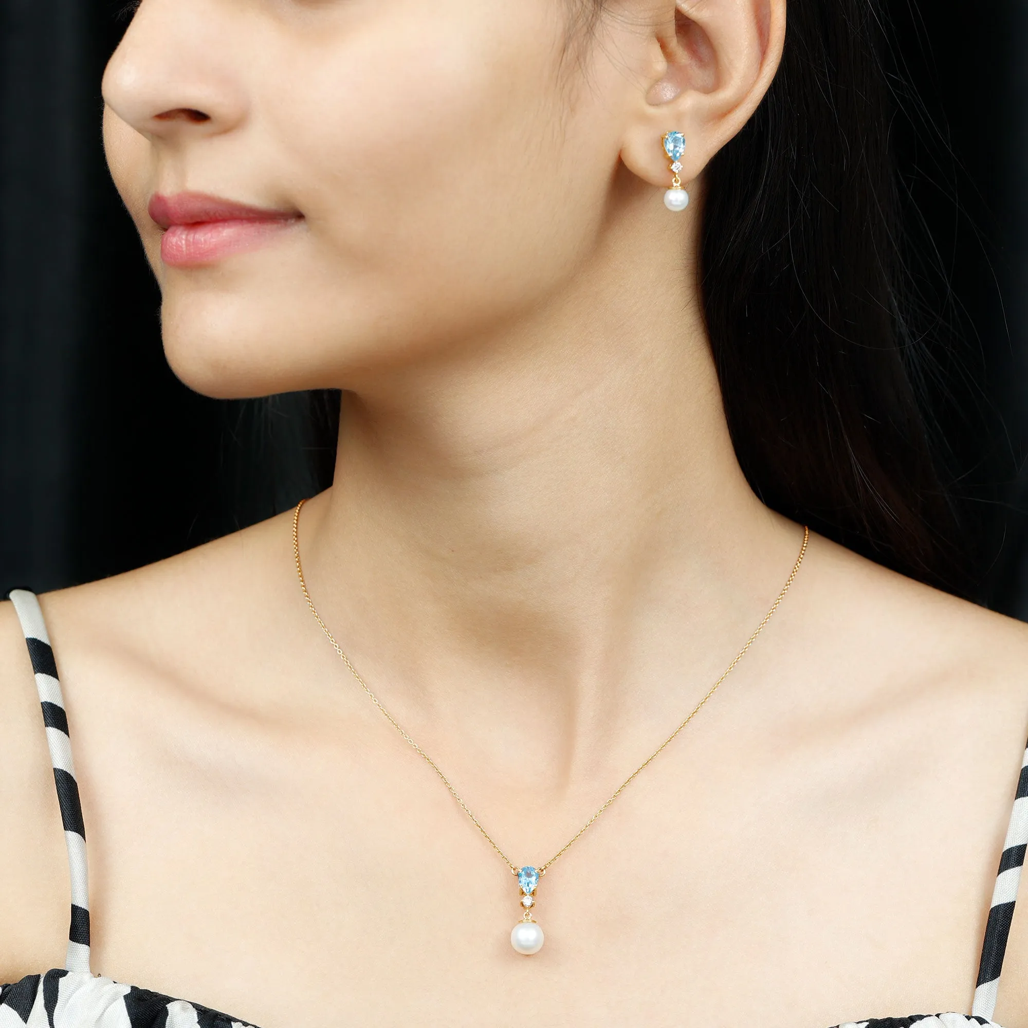 Swiss Blue Topaz and Diamond Jewelry Set with Freshwater Pearl Drop