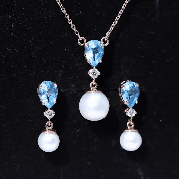 Swiss Blue Topaz and Diamond Jewelry Set with Freshwater Pearl Drop