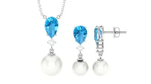 Swiss Blue Topaz and Diamond Jewelry Set with Freshwater Pearl Drop
