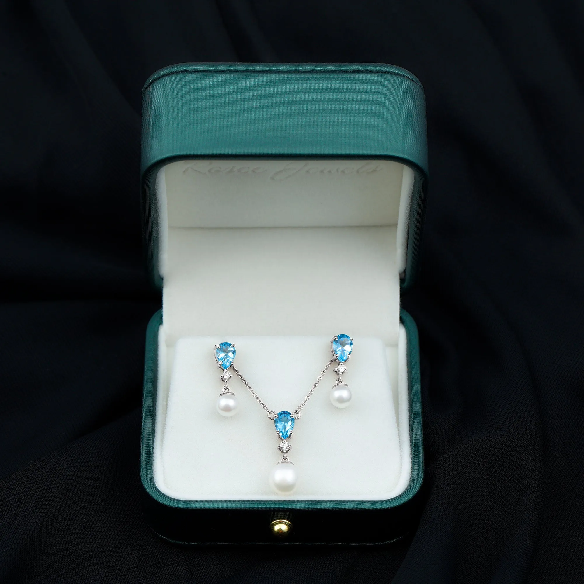 Swiss Blue Topaz and Diamond Jewelry Set with Freshwater Pearl Drop