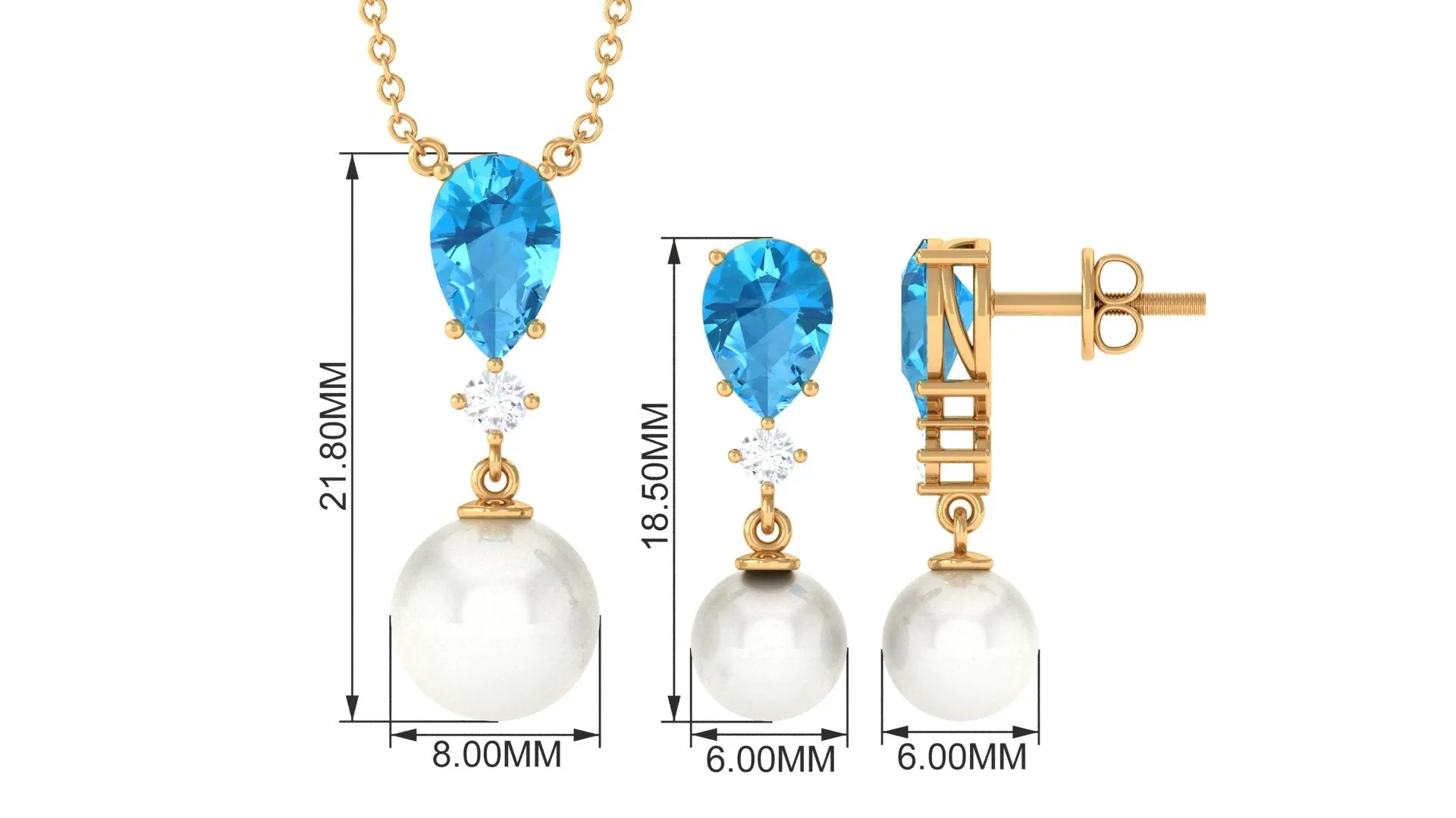 Swiss Blue Topaz and Diamond Jewelry Set with Freshwater Pearl Drop