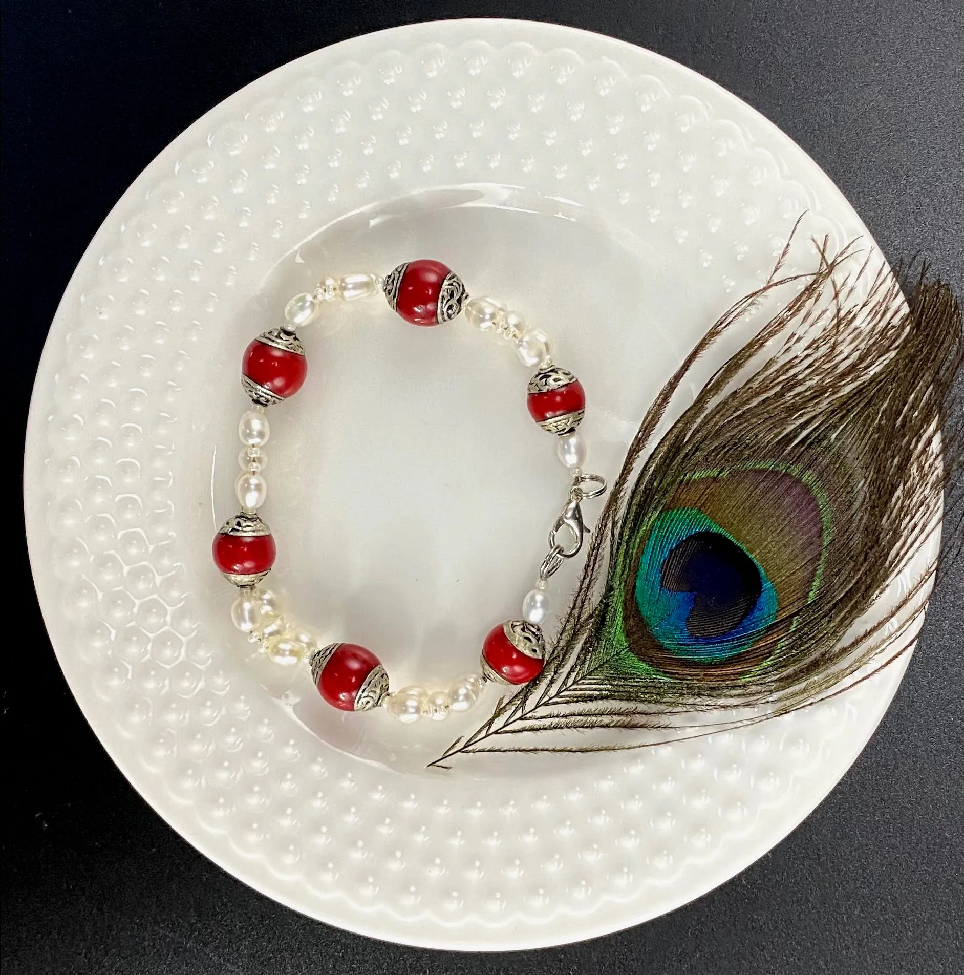Tibetan Red Jasper and Pearl Bracelet