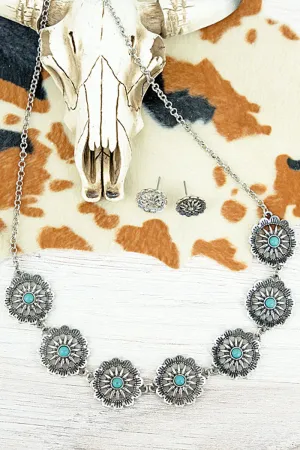 Turquoise Fleur Silvertone Necklace and Earrings Set