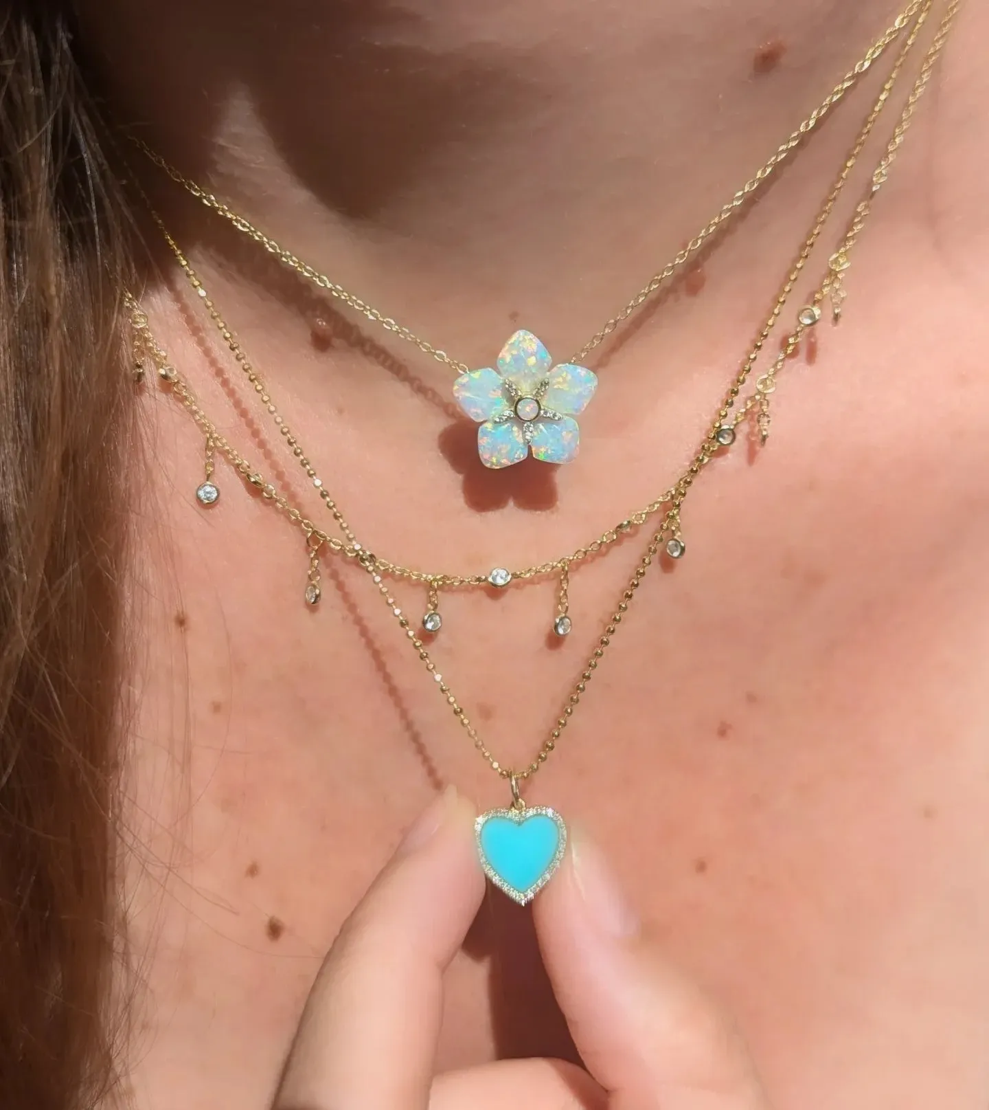 Turquoise Heart Necklace With Diamonds on Paperclip Link Chain