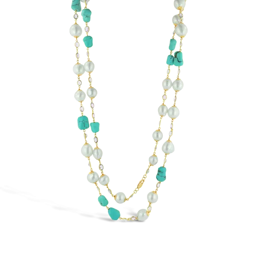 Turquoise, Pearl & White Sapphire Necklace