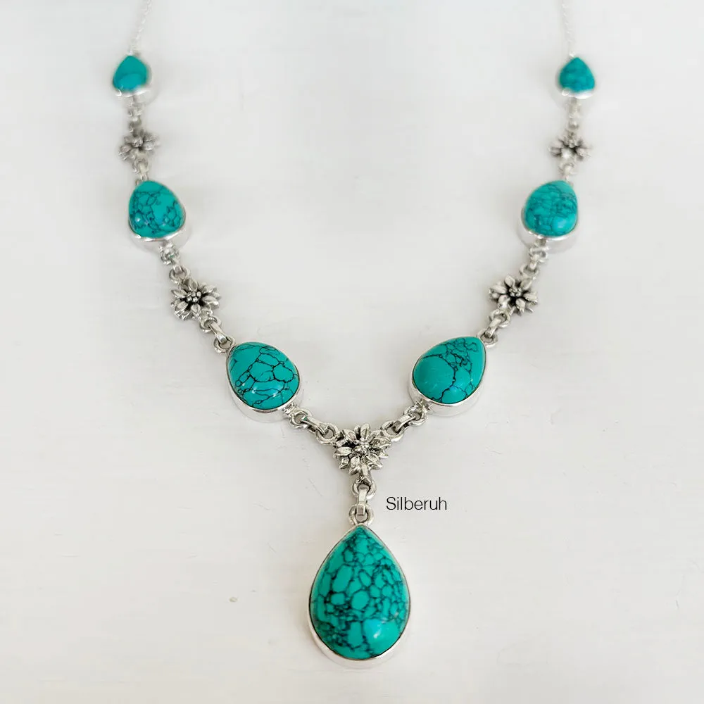 Turquoise Phool Silver Necklace