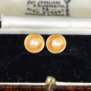 Vintage Gold Cup Pearl Stud Earrings