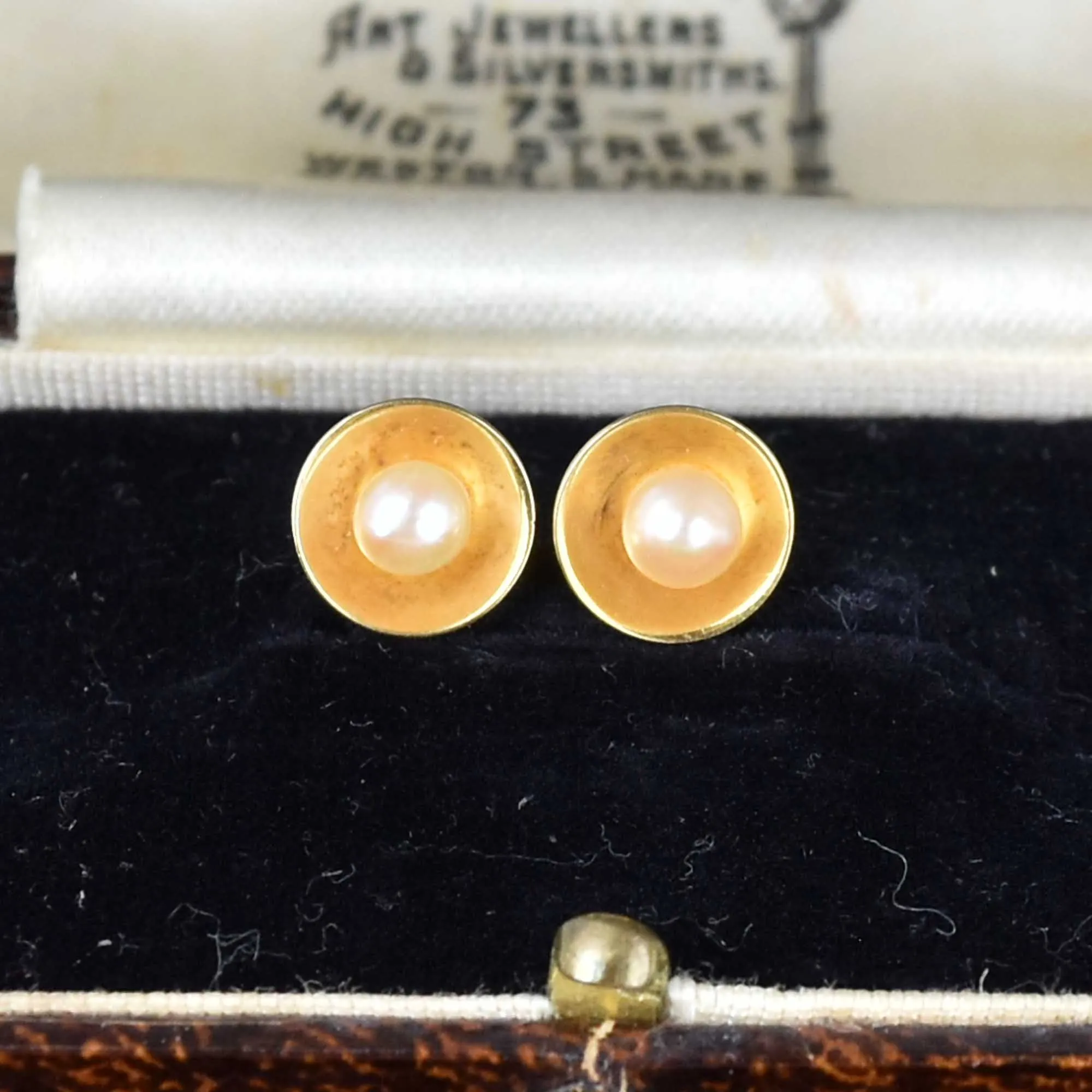 Vintage Gold Cup Pearl Stud Earrings