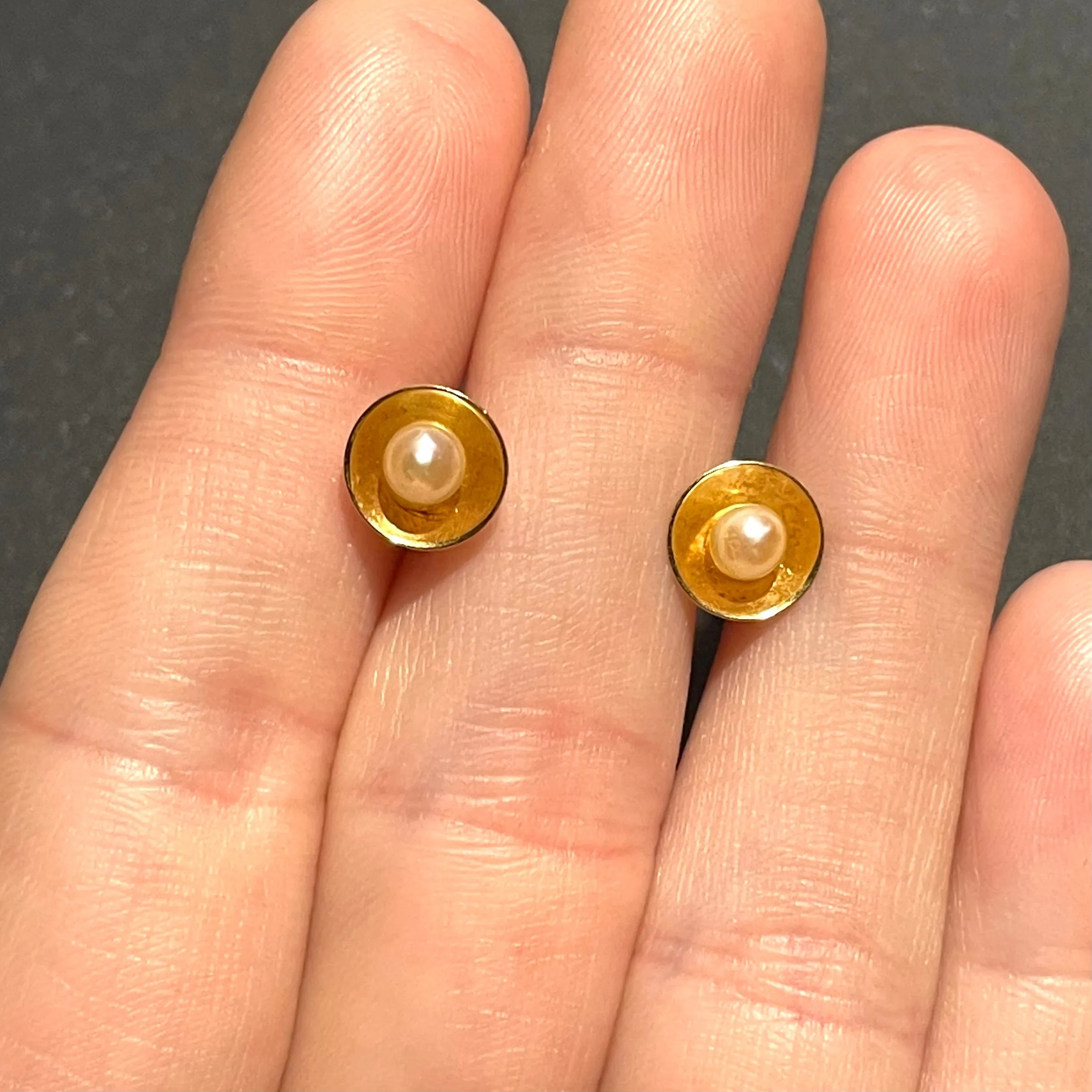 Vintage Gold Cup Pearl Stud Earrings