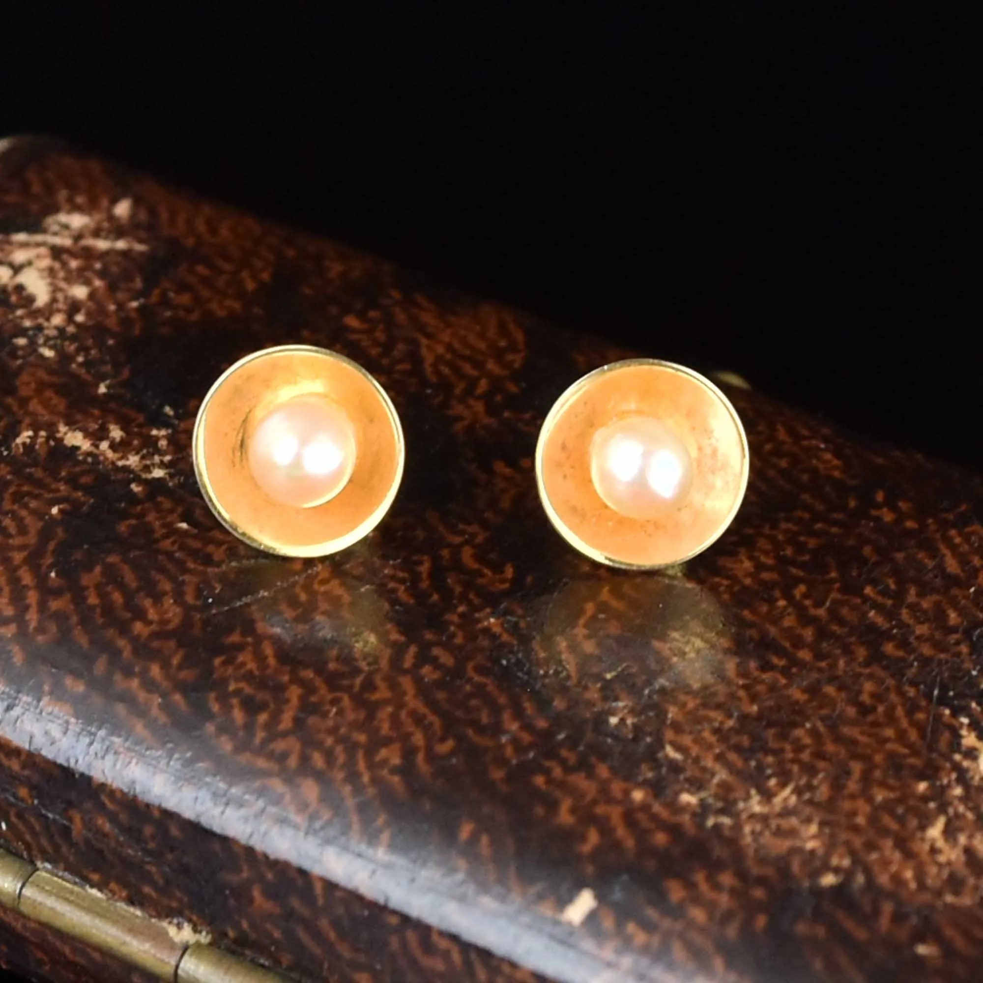 Vintage Gold Cup Pearl Stud Earrings
