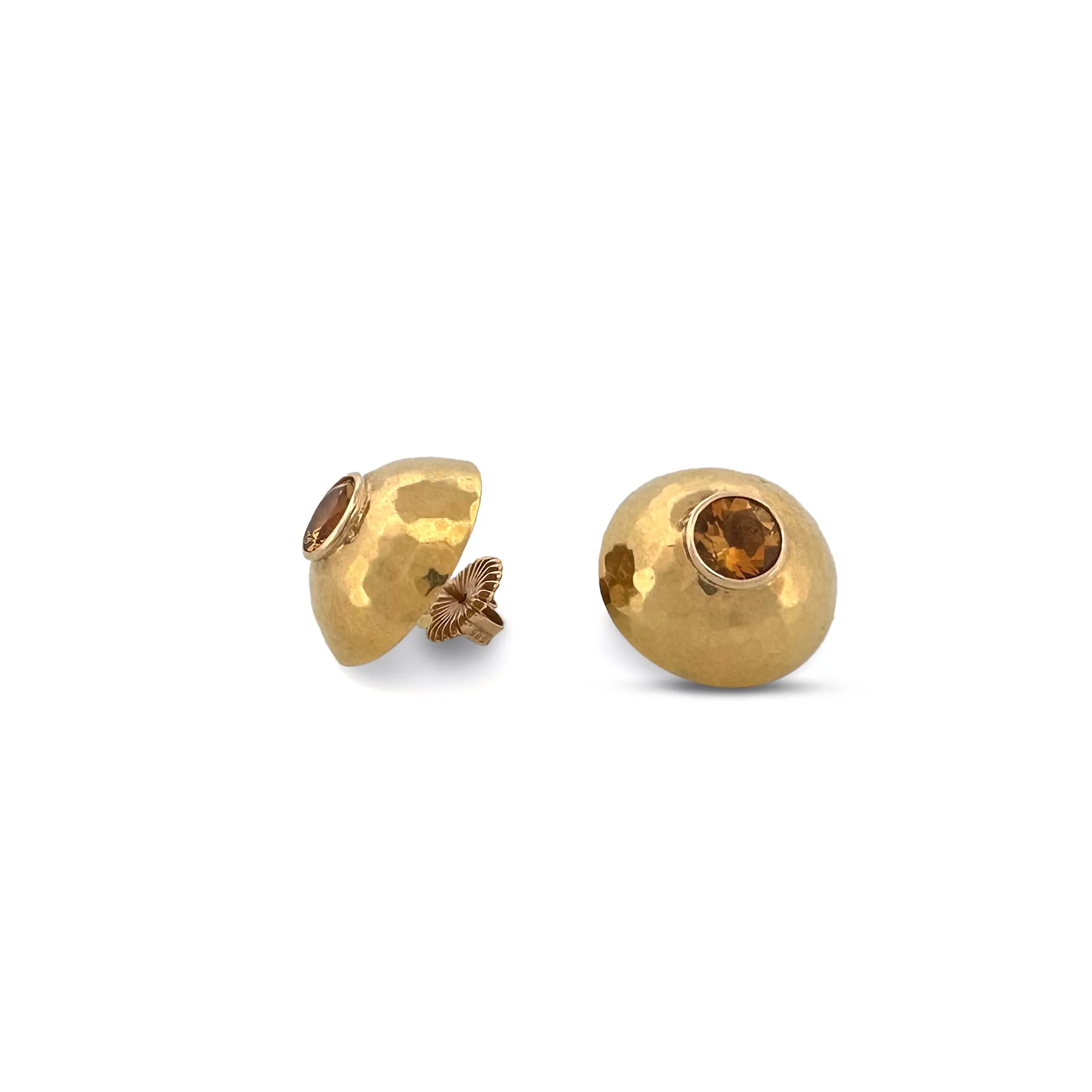 Vintage Round Citrine Hammered Dome Earrings in 18k Yellow Gold