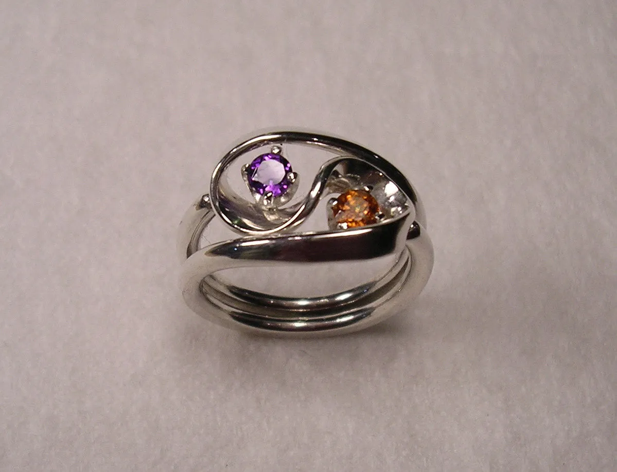 Violet Amethyst and Mandarine Garnet Set in The Two Turn Vortex Energy Rings ™ ©