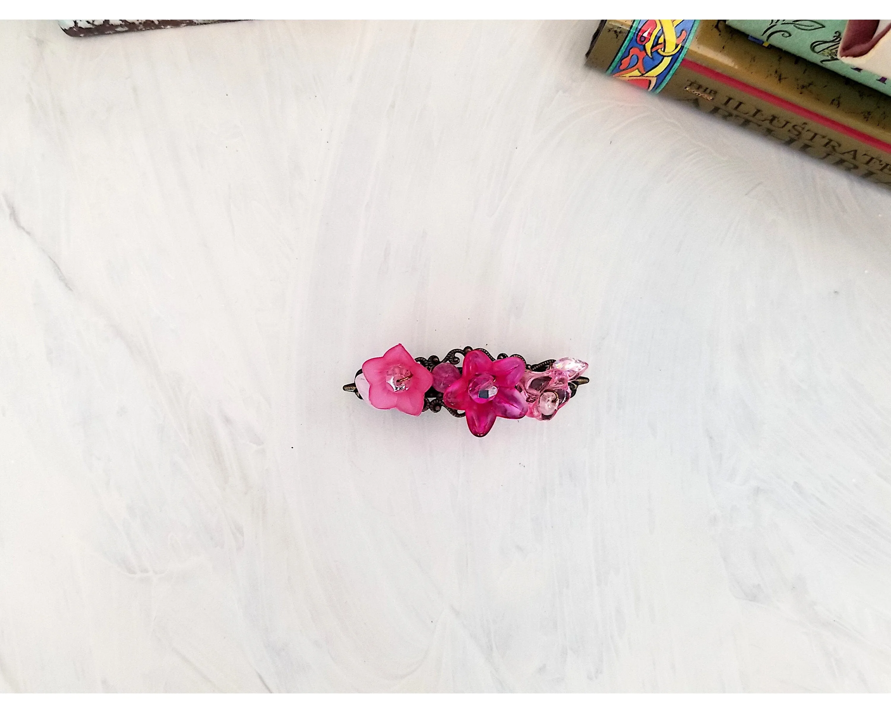 Wire Wrapped Lucite Flower Barrette in Pink, Bridesmaid, Wedding, Floral, Garden, Boho, Bohemian, Choice of Colors and Metals