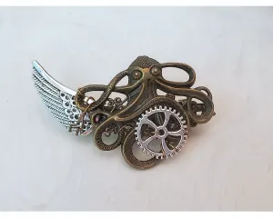 Wire Wrapped Steampunk Octopus Barrette, Wing, Gear, Boho, Bohemian, Bridesmaid, Wedding