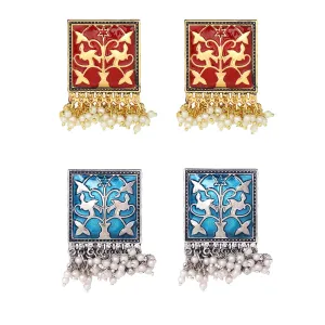 Yellow Chimes Stud Earrings for Women Combo of 2 Pairs Red and Blue Meenakari Moti Design Traditional Stud Earrings for Women and Girls