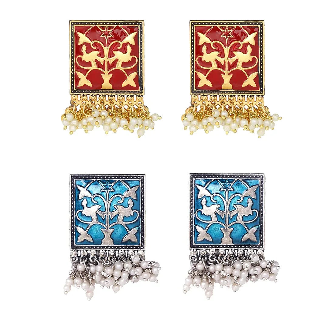 Yellow Chimes Stud Earrings for Women Combo of 2 Pairs Red and Blue Meenakari Moti Design Traditional Stud Earrings for Women and Girls
