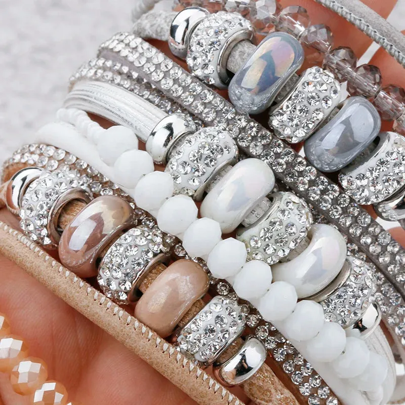 'Yiray' Beads and Rhinestones Cuff Bracelet - white
