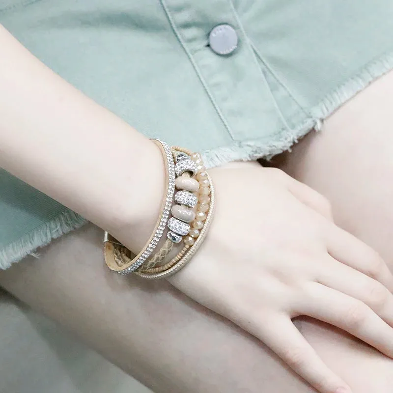 'Yiray' Beads and Rhinestones Cuff Bracelet - white