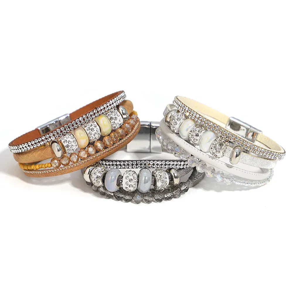 'Yiray' Beads and Rhinestones Cuff Bracelet - white