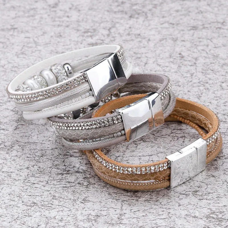 'Yiray' Beads and Rhinestones Cuff Bracelet - white