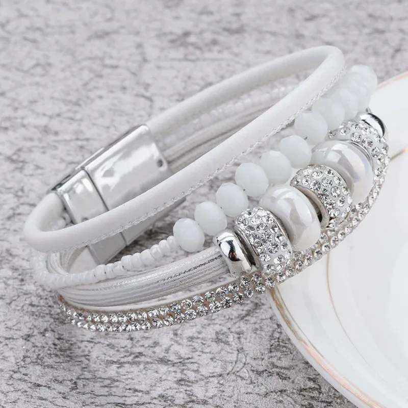 'Yiray' Beads and Rhinestones Cuff Bracelet - white